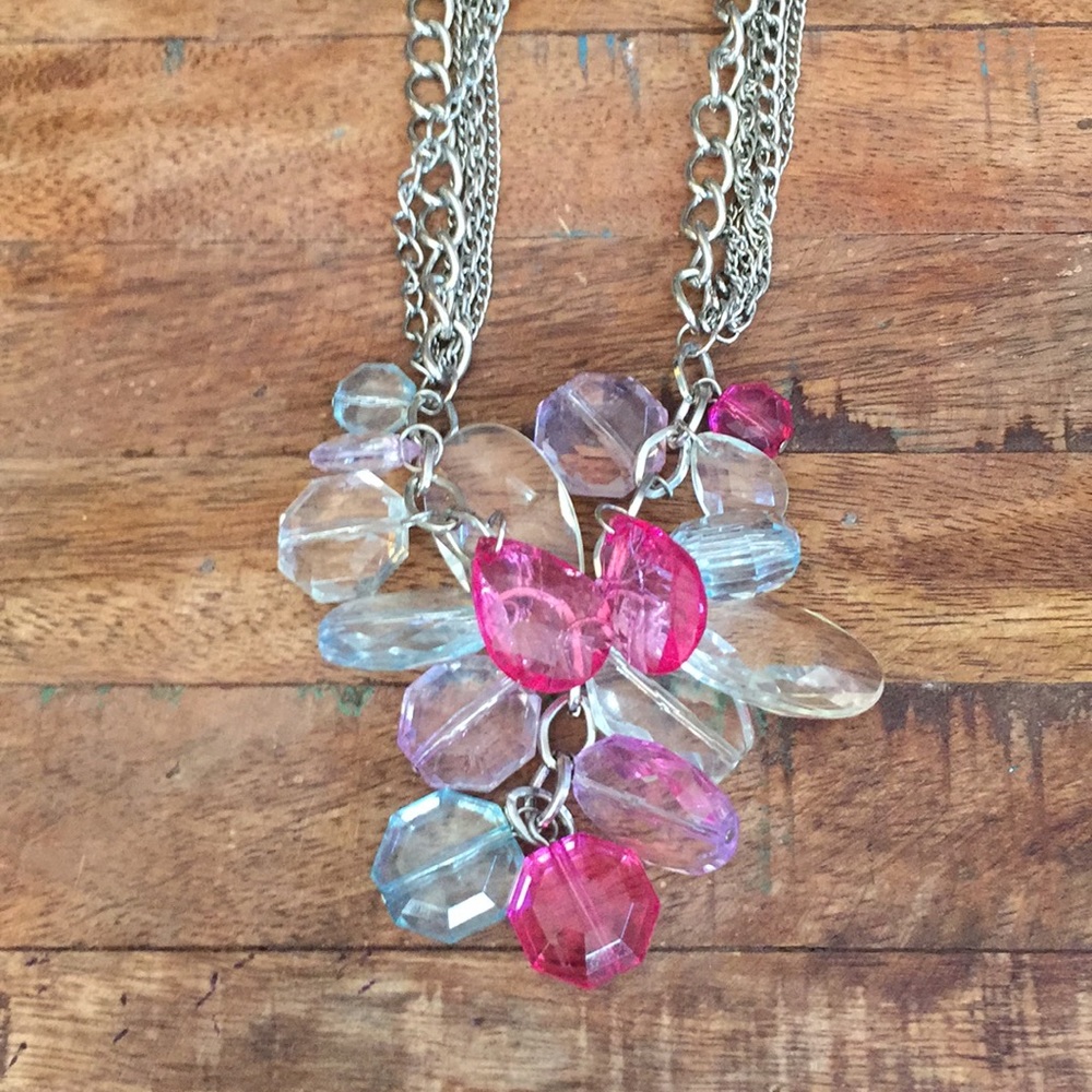 Silver Pink Purple Blue Bead Statement Necklace